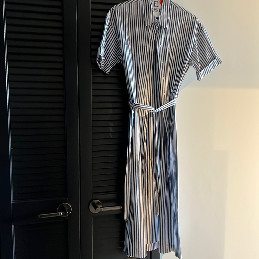 Blue and white striped dress w/ buttons down the front and belt to tie at waist.